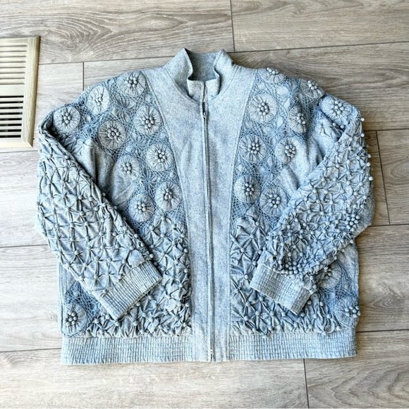 Vintage Lim's Pure Silk Embellished Denim Bomber Jacket - Picture 4 of 16